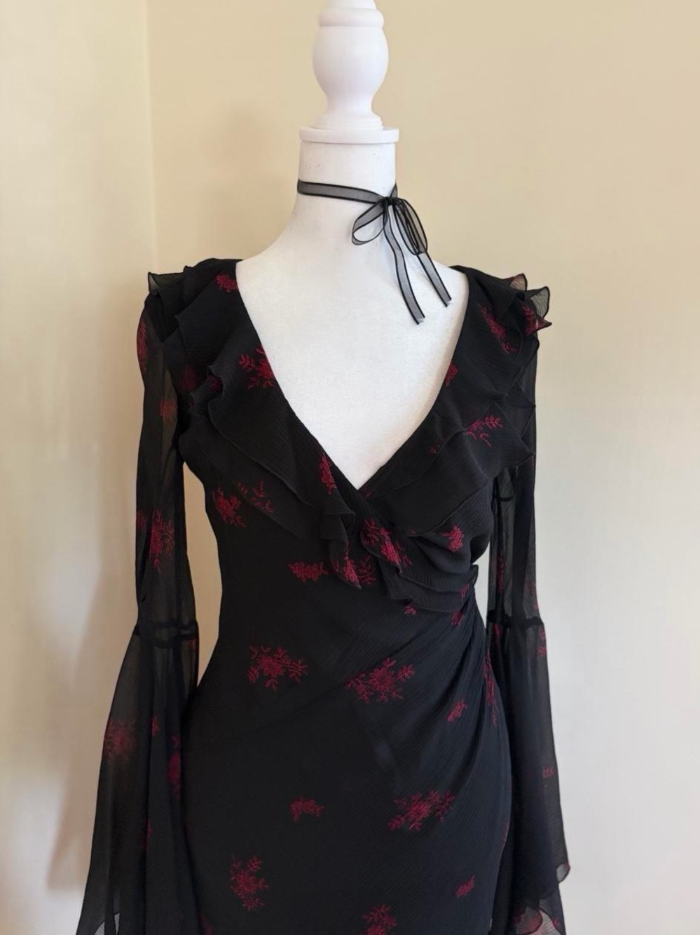 Vintage Y2K silk black ruffle goth bias cut floral dress LIKE Betsey Johnson S - Picture 7 of 10